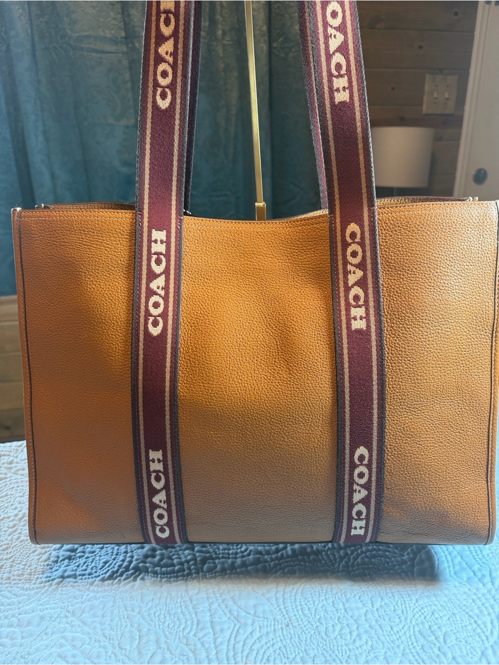 Coach Tan Pebbled Tote with Maroon Canvas Branded Strap - Picture 2 of 15